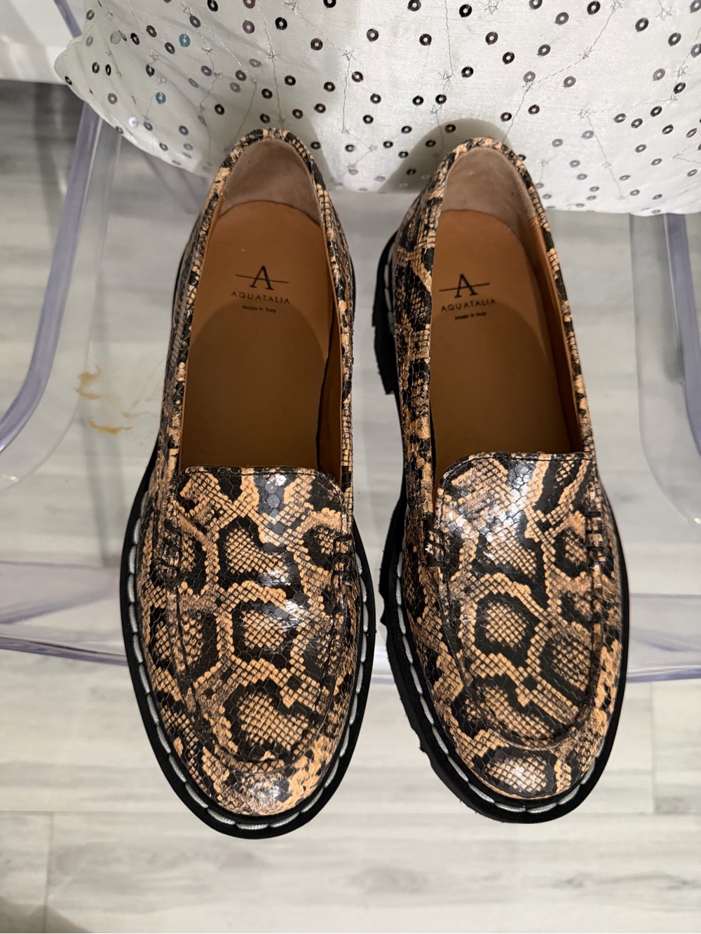 Aquatalia Snake Print Leather Lug Sole Loafers Brown Black Women’s Size 8 Italy